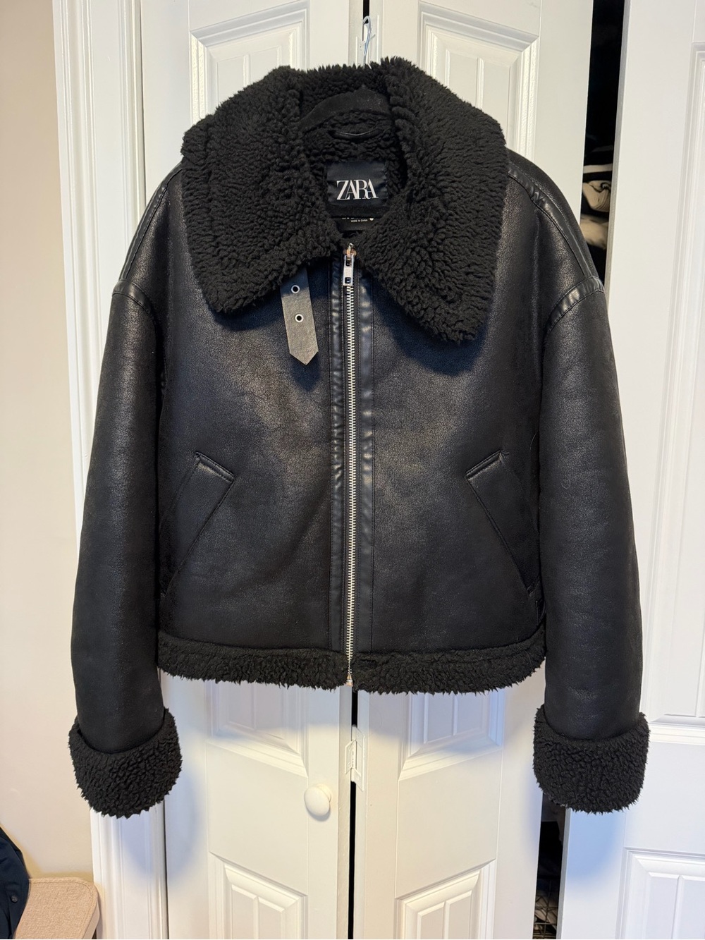ZARA Black Faux-Shearling Bomber Jacket